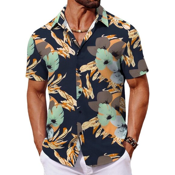 Mens Floral Shirt Navy Blue Tropical Short Sleeve Casual Beach Button Down Top - Picture 1 of 6